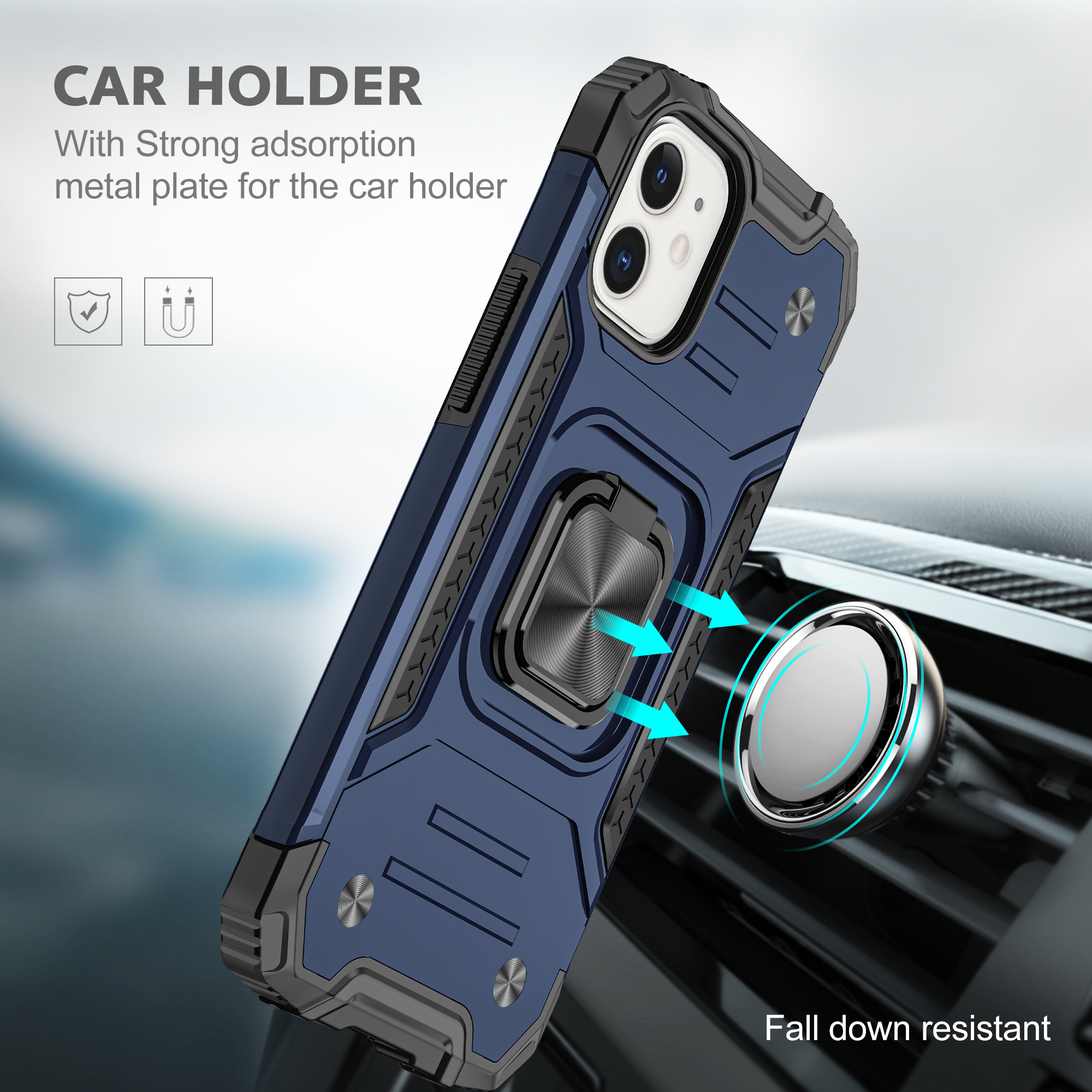 ''Cube Style Armor Case with Rotating RING Holder, Kickstand and Magnetic Car Mount Plate for''''''''''
